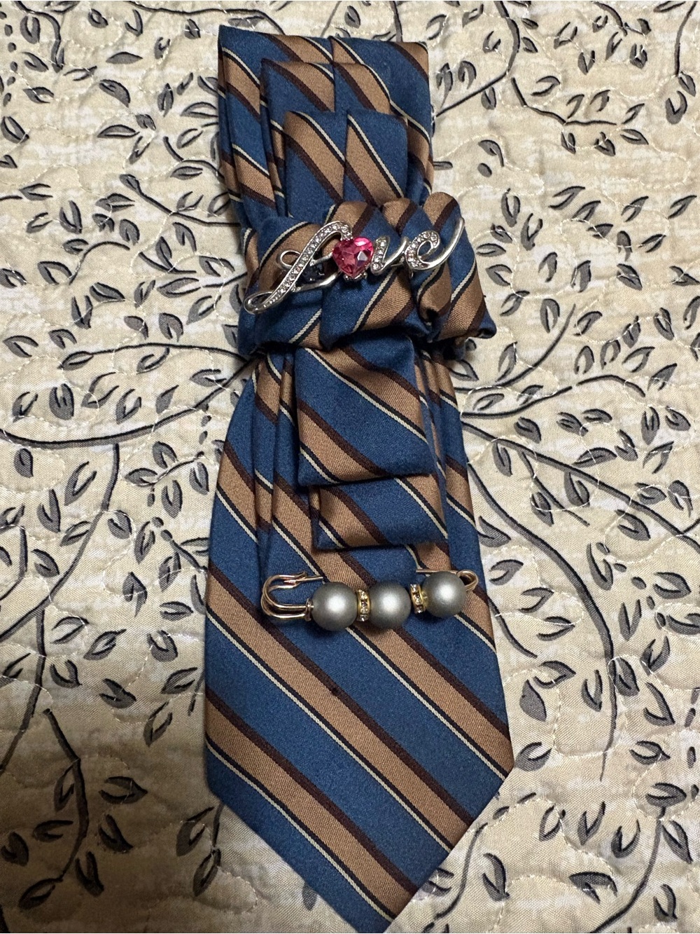 Women’s Blue and Brown Striped Silk Tie with Accent Pins